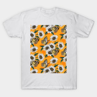 Jezebel butterflies and daisy flowers on orange T-Shirt